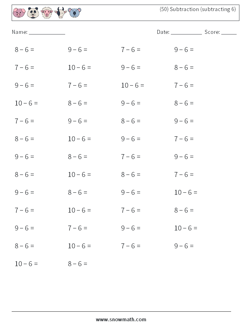 (50) Subtraction (subtracting 6) Maths Worksheets 2