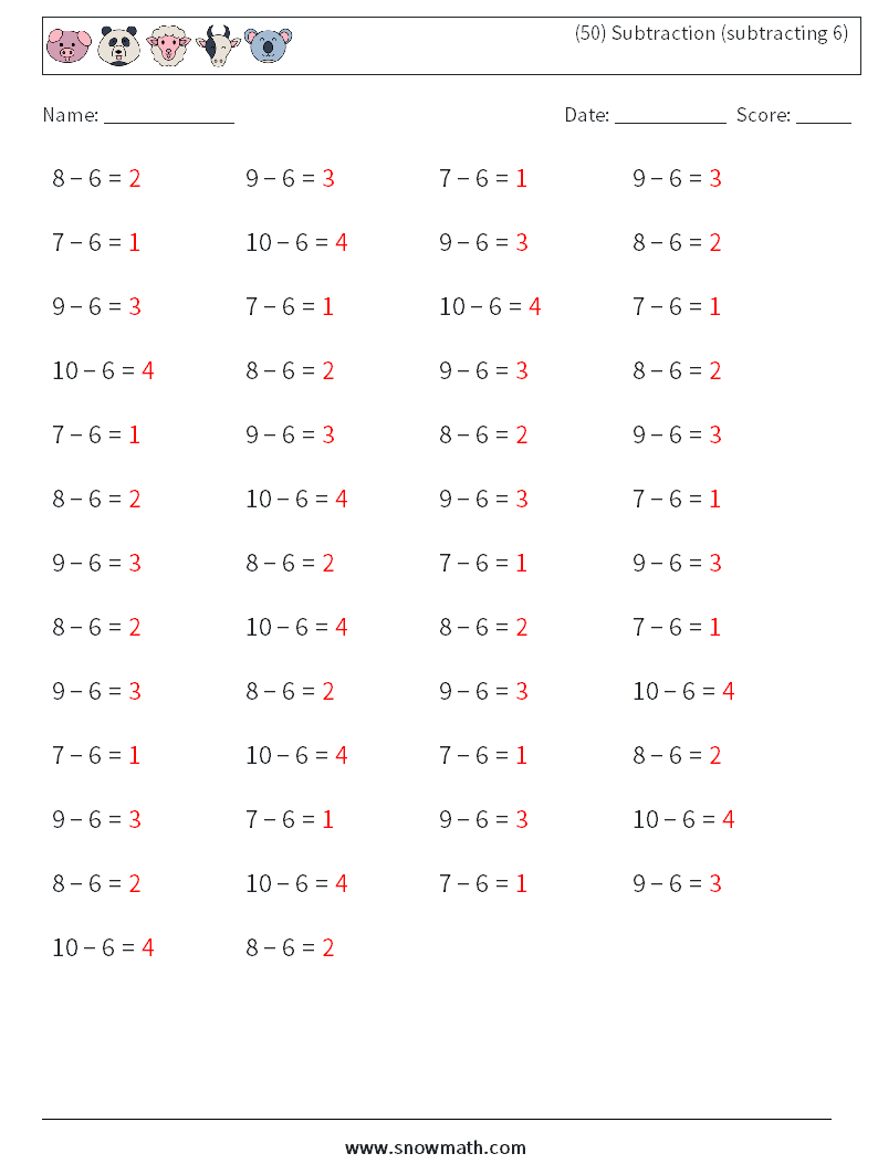 (50) Subtraction (subtracting 6) Maths Worksheets 2 Question, Answer