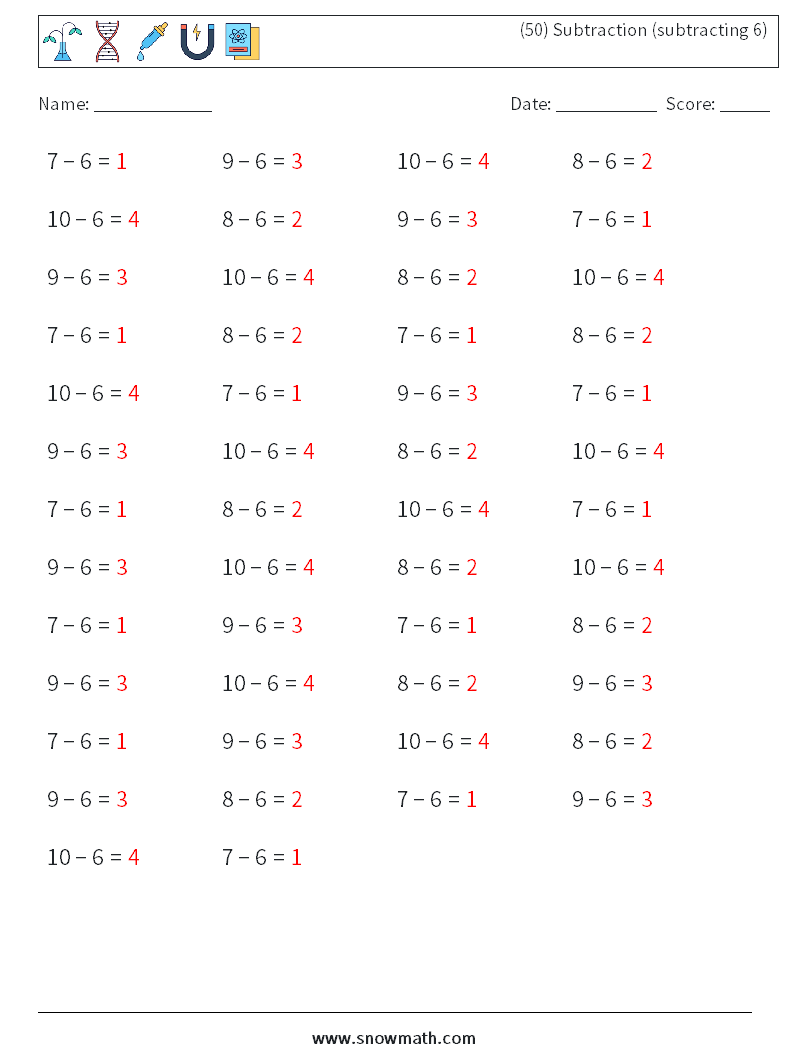 (50) Subtraction (subtracting 6) Maths Worksheets 3 Question, Answer