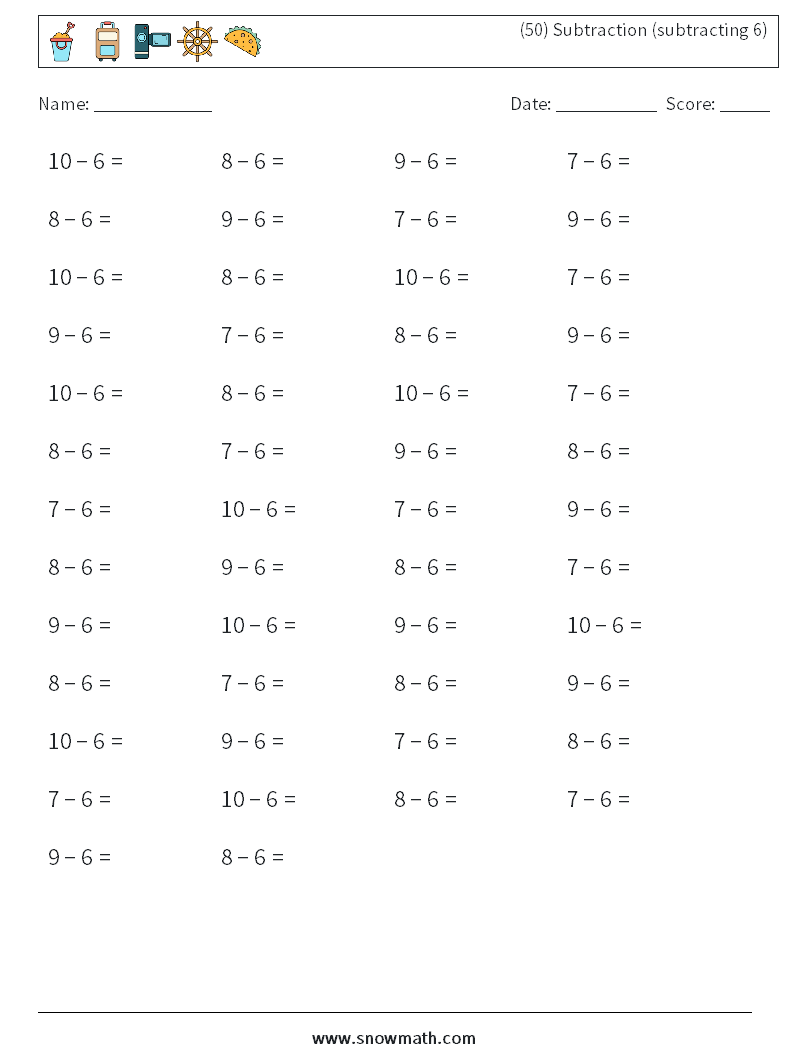 (50) Subtraction (subtracting 6) Maths Worksheets 4