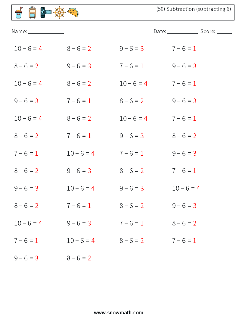 (50) Subtraction (subtracting 6) Maths Worksheets 4 Question, Answer
