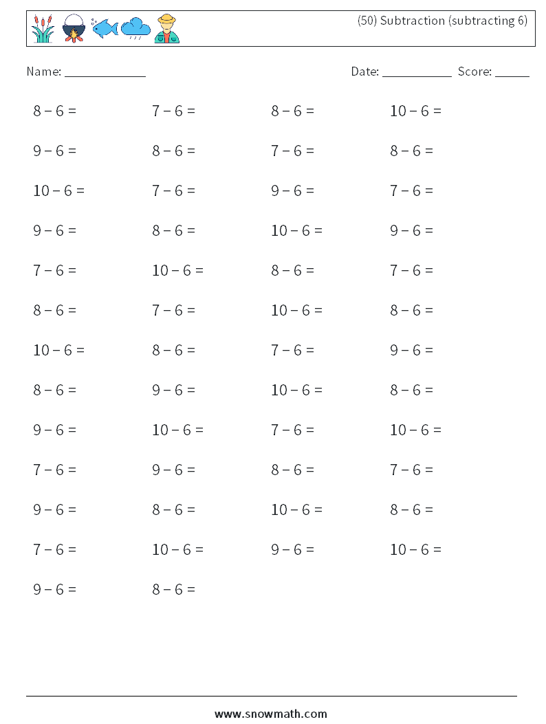 (50) Subtraction (subtracting 6) Maths Worksheets 6