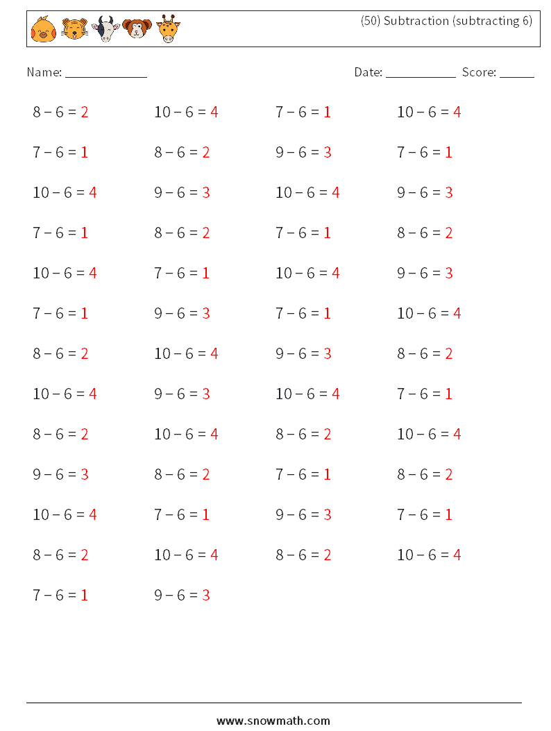 (50) Subtraction (subtracting 6) Maths Worksheets 7 Question, Answer