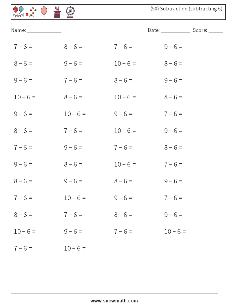 (50) Subtraction (subtracting 6) Maths Worksheets 9