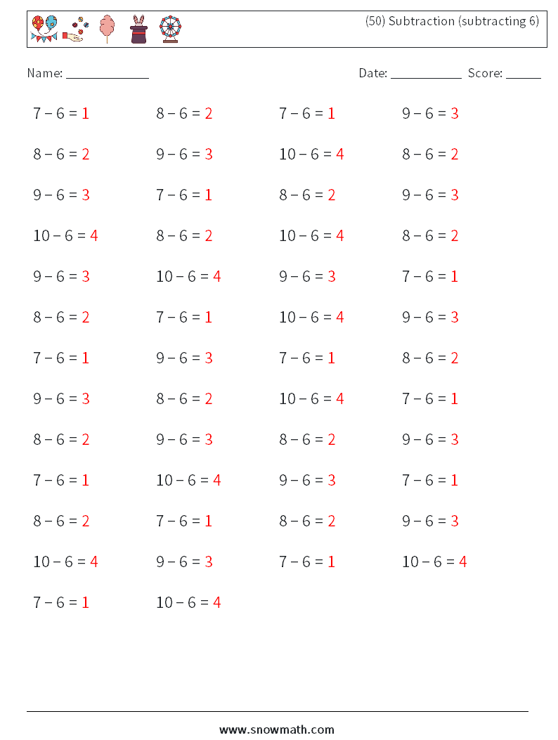 (50) Subtraction (subtracting 6) Maths Worksheets 9 Question, Answer