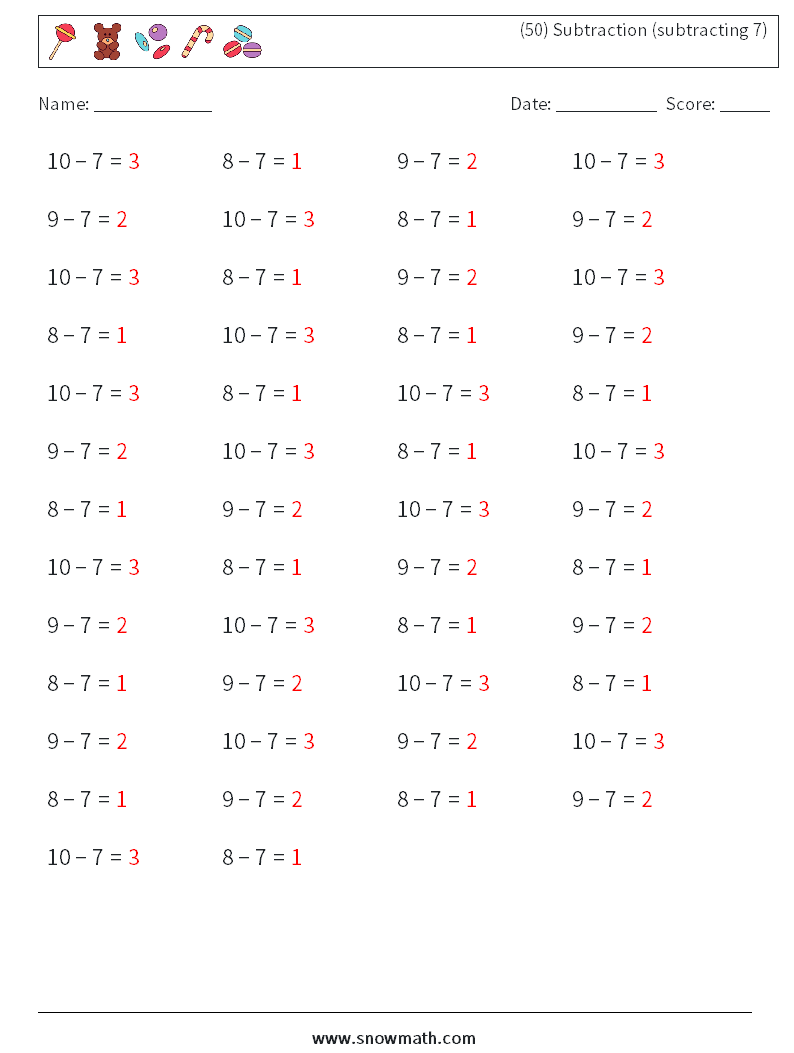 (50) Subtraction (subtracting 7) Maths Worksheets 2 Question, Answer