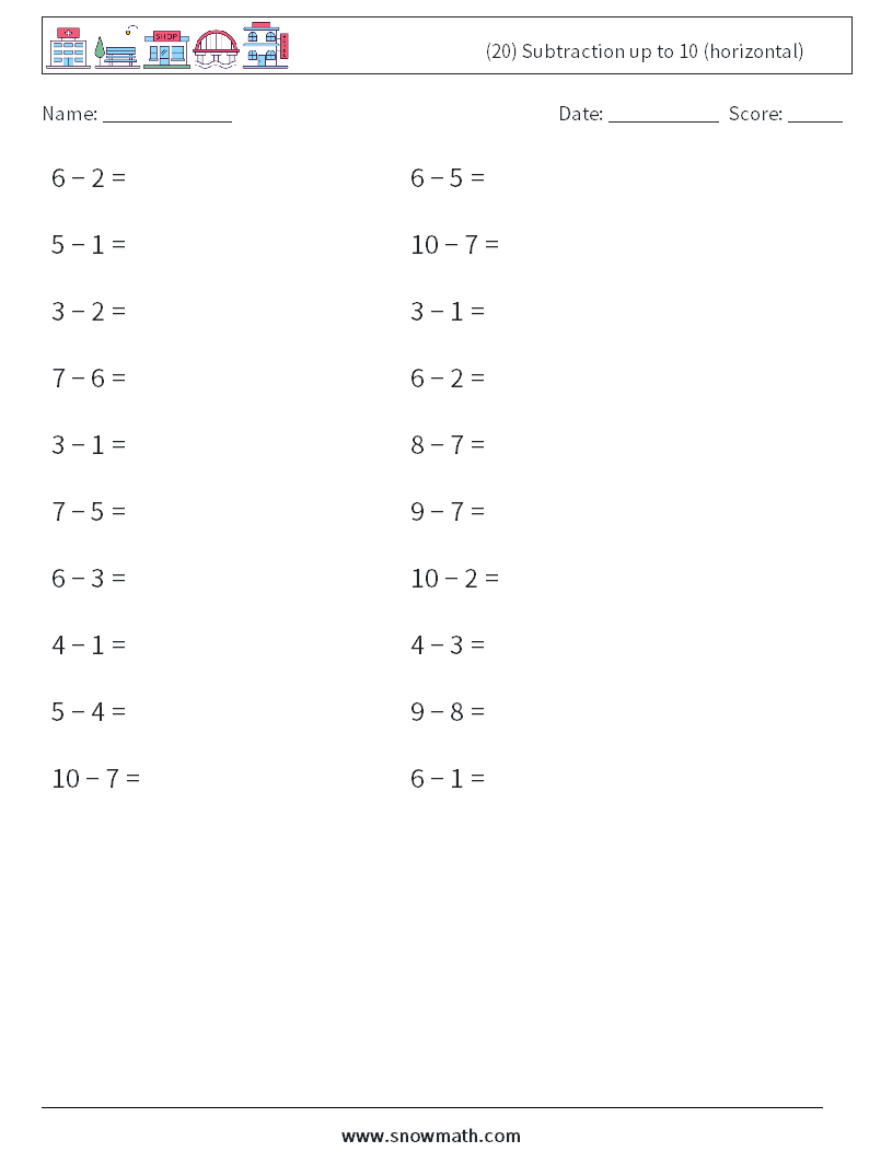 (20) Subtraction up to 10 (horizontal) Maths Worksheets 4