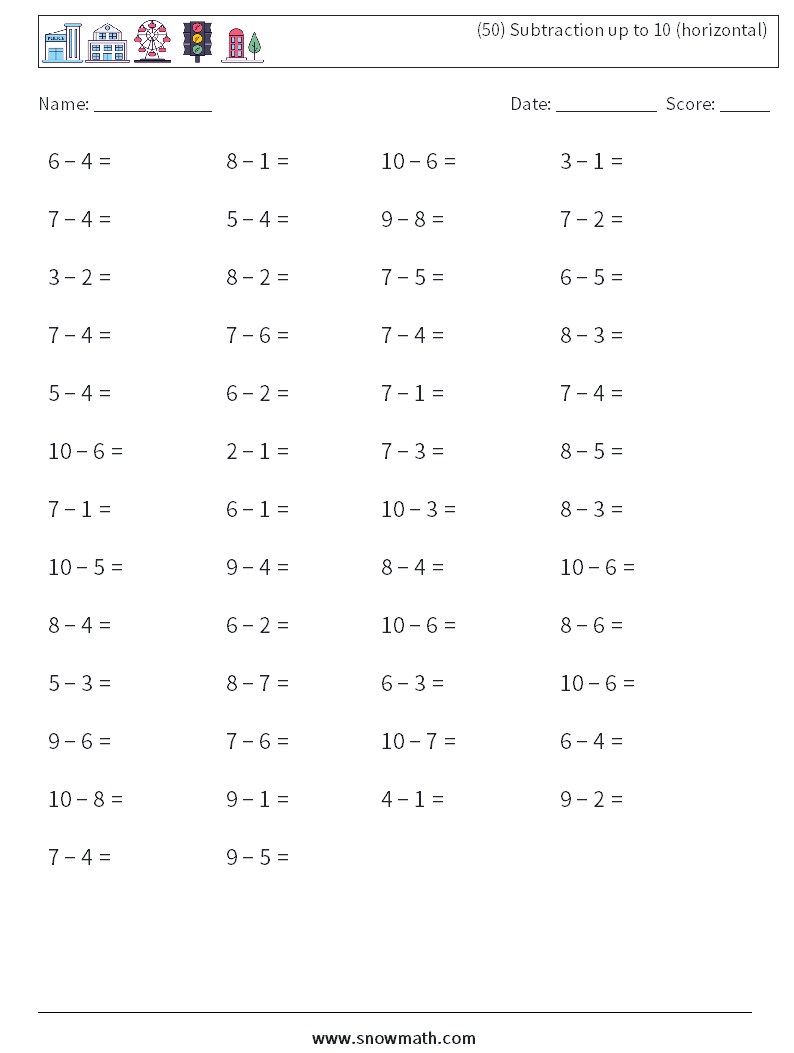 (50) Subtraction up to 10 (horizontal) Maths Worksheets 8