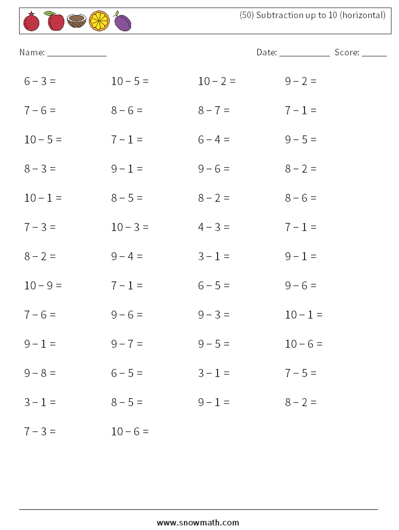 (50) Subtraction up to 10 (horizontal) Maths Worksheets 9