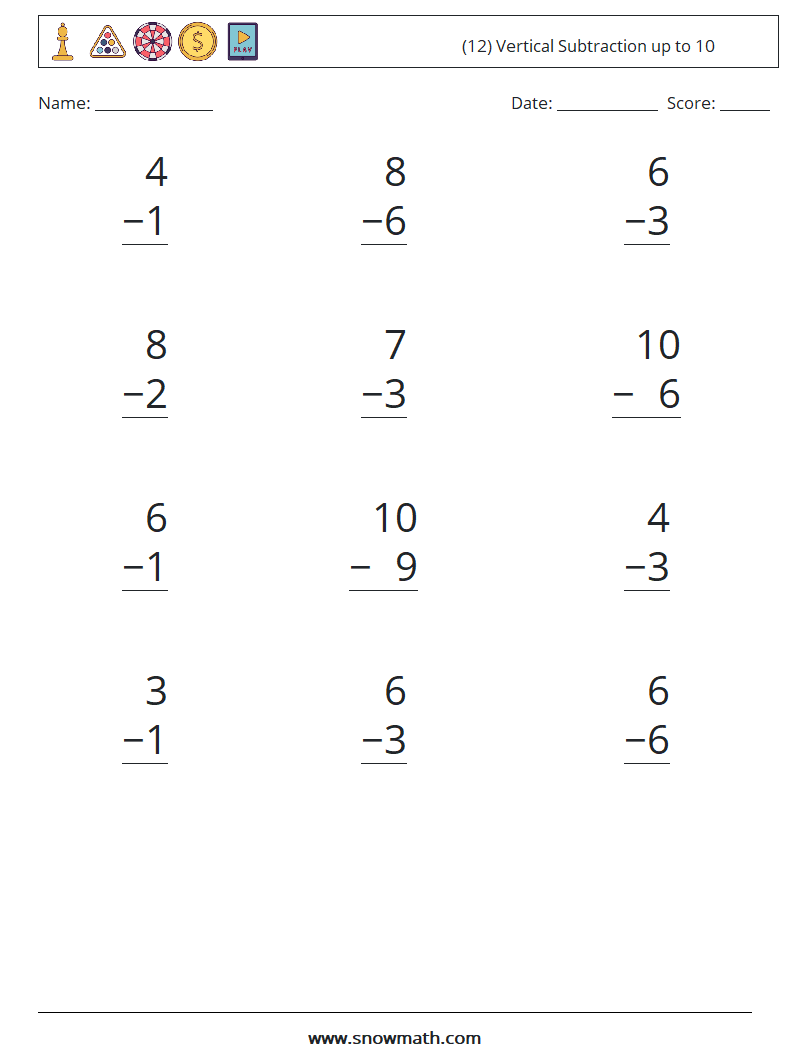 (12) Vertical Subtraction up to 10 Maths Worksheets 2