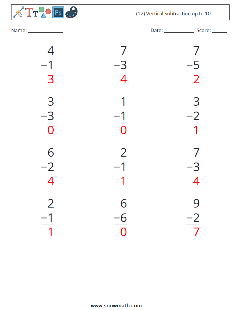 (12) Vertical Subtraction up to 10 Maths Worksheets 4 Question, Answer