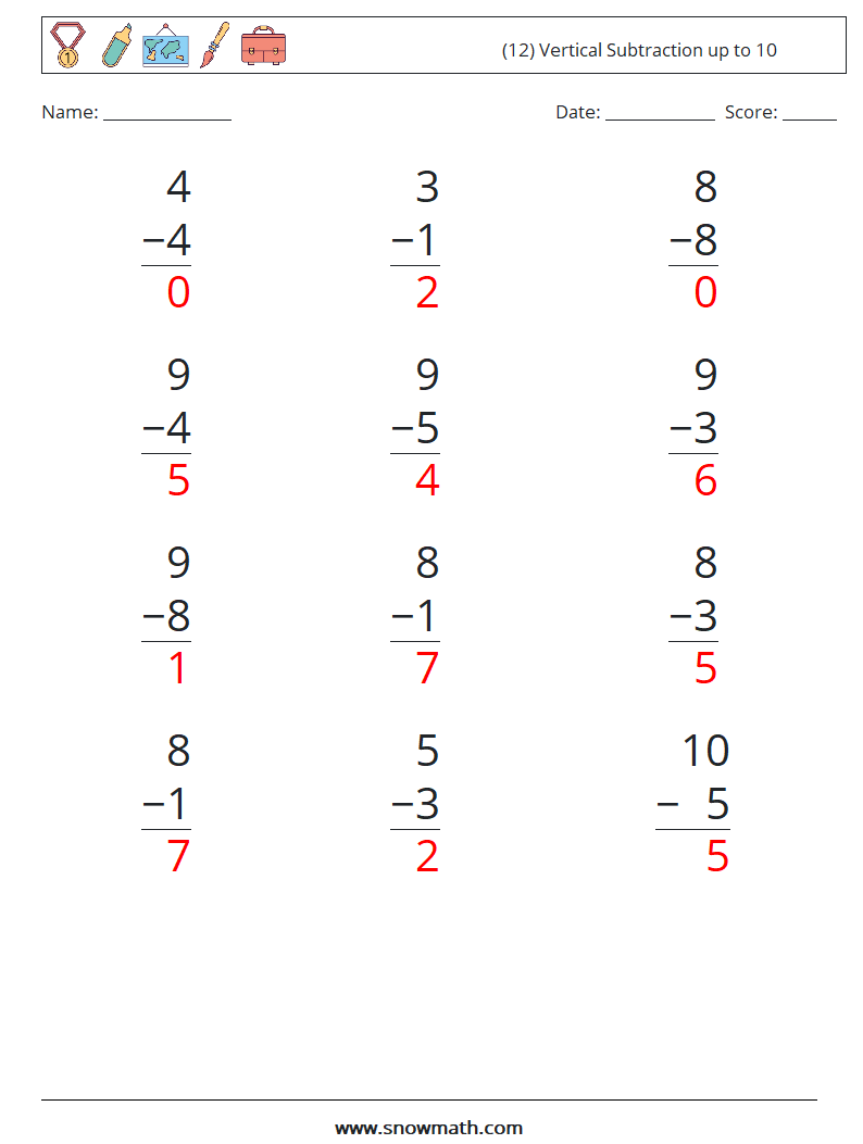 (12) Vertical Subtraction up to 10 Maths Worksheets 6 Question, Answer