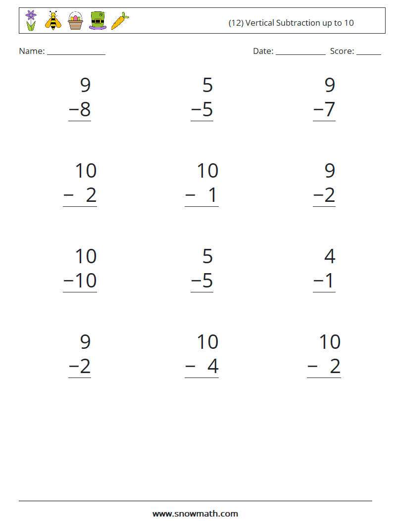 (12) Vertical Subtraction up to 10 Maths Worksheets 7