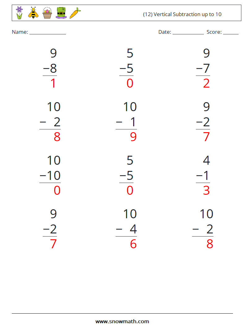 (12) Vertical Subtraction up to 10 Maths Worksheets 7 Question, Answer