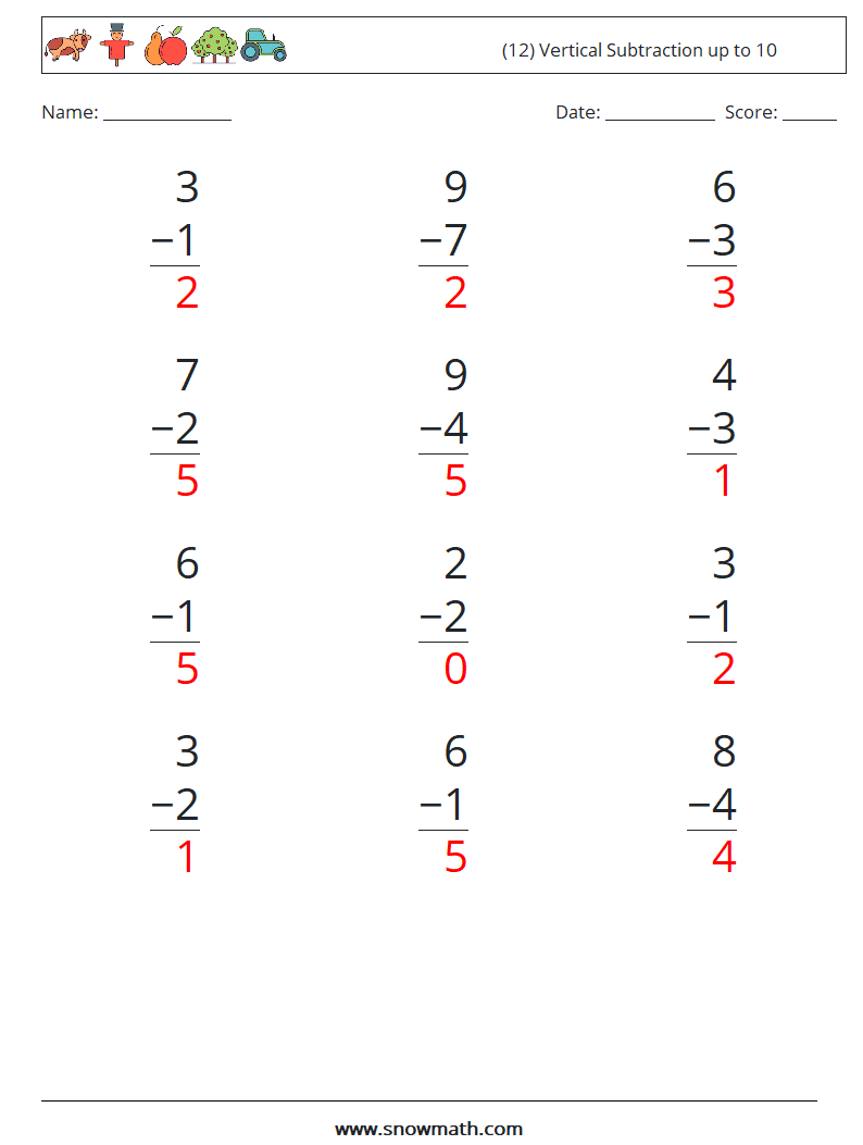 (12) Vertical Subtraction up to 10 Maths Worksheets 8 Question, Answer