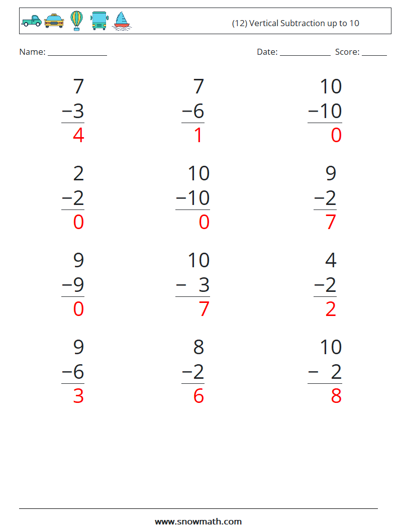 (12) Vertical Subtraction up to 10 Maths Worksheets 9 Question, Answer