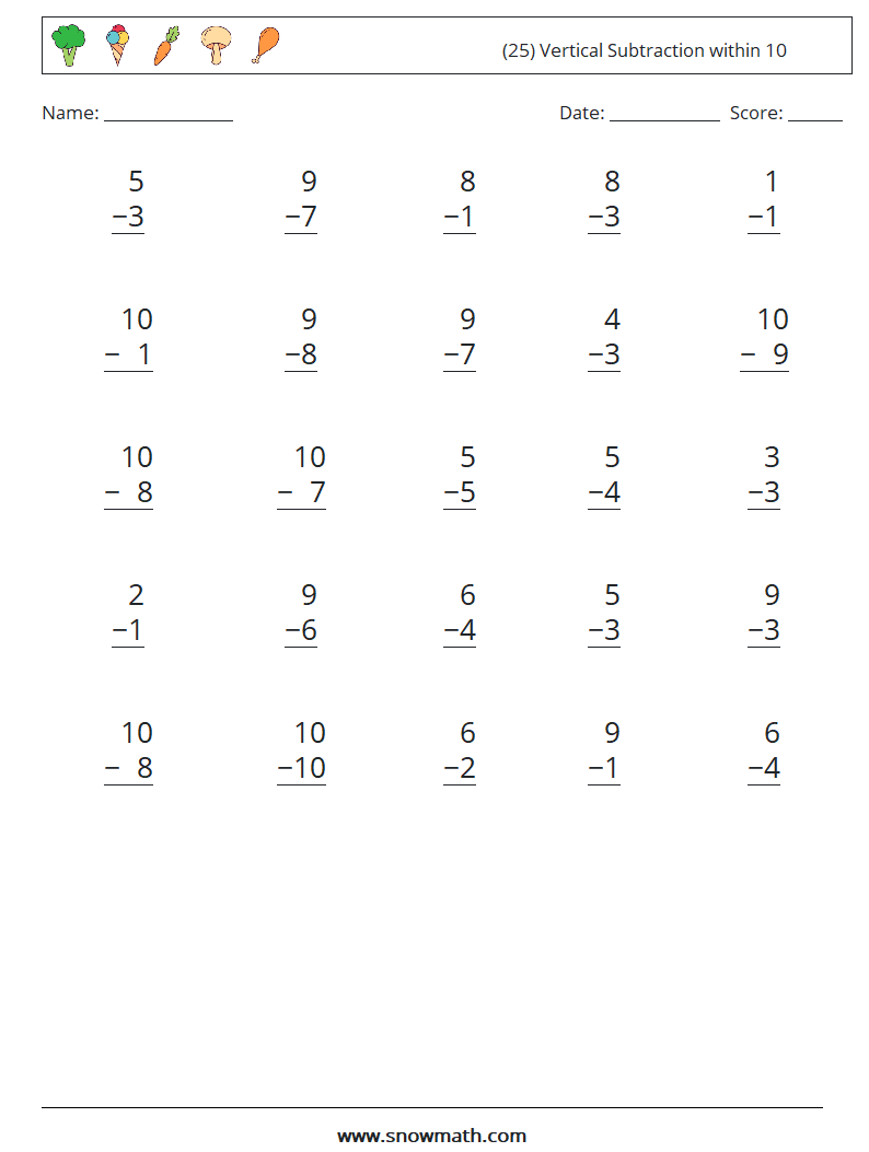 (25) Vertical Subtraction within 10 Maths Worksheets 1