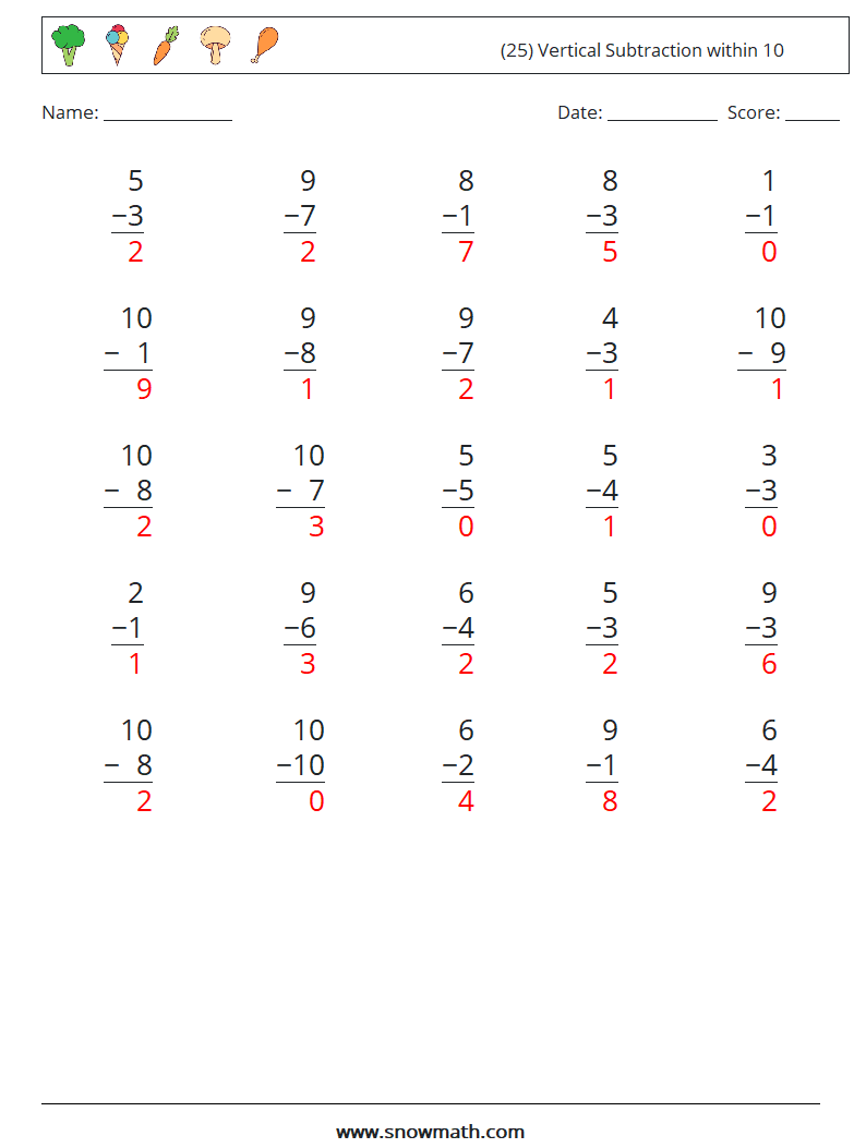 (25) Vertical Subtraction within 10 Maths Worksheets 1 Question, Answer