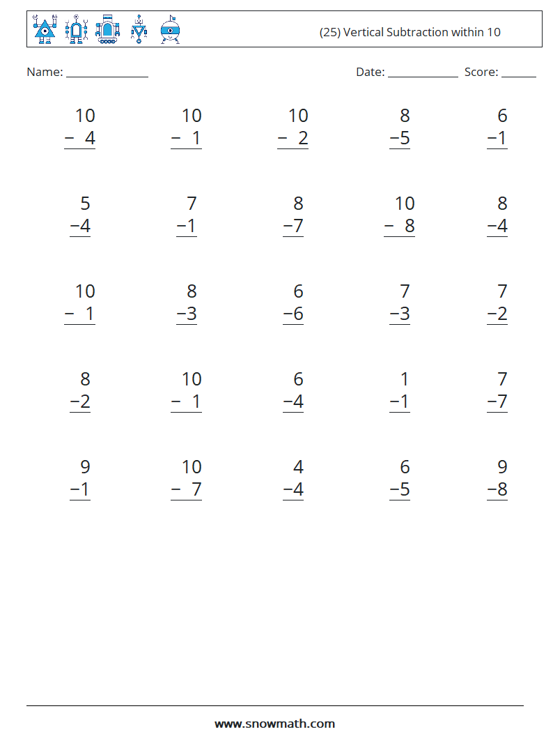 (25) Vertical Subtraction within 10 Maths Worksheets 2