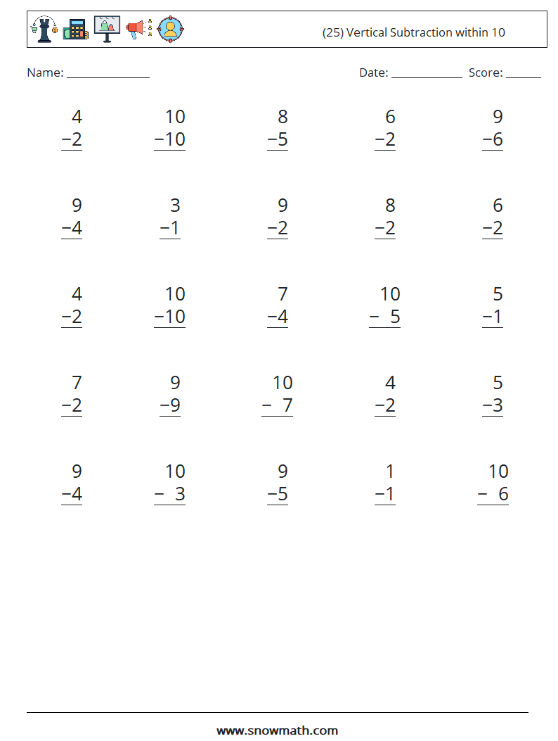 (25) Vertical Subtraction within 10 Maths Worksheets 3