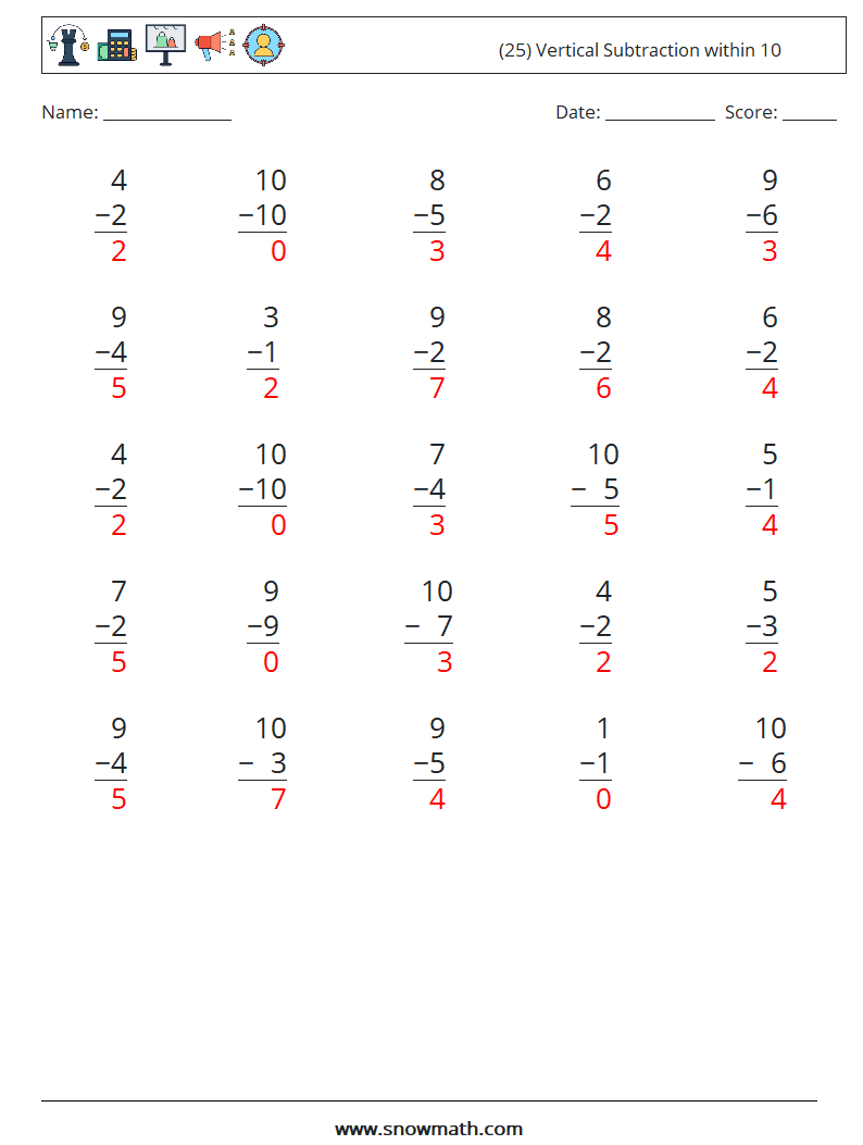 (25) Vertical Subtraction within 10 Maths Worksheets 3 Question, Answer