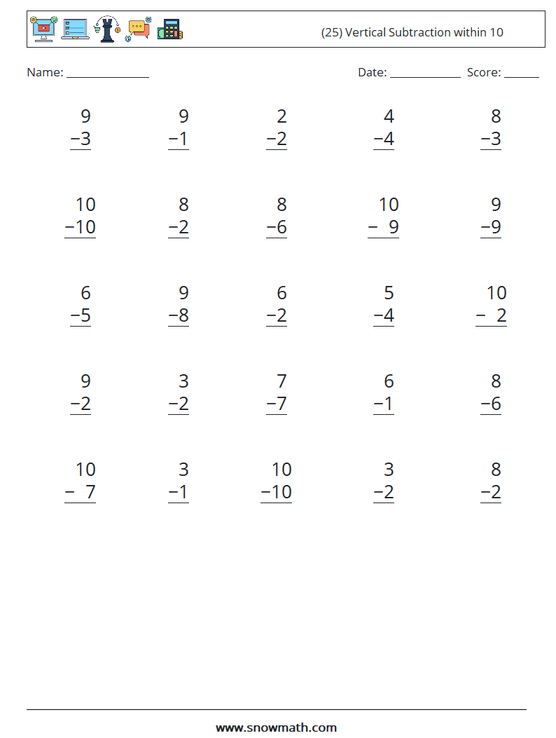 (25) Vertical Subtraction within 10 Maths Worksheets 4