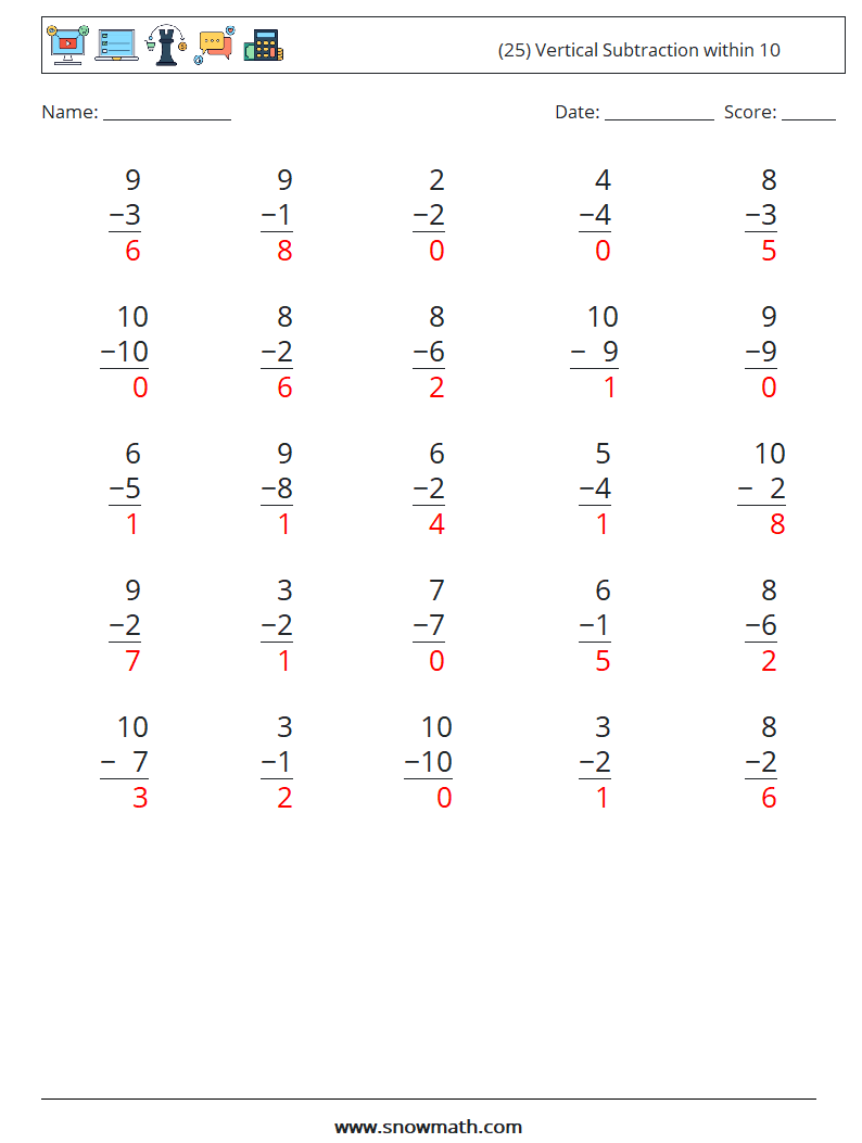 (25) Vertical Subtraction within 10 Maths Worksheets 4 Question, Answer