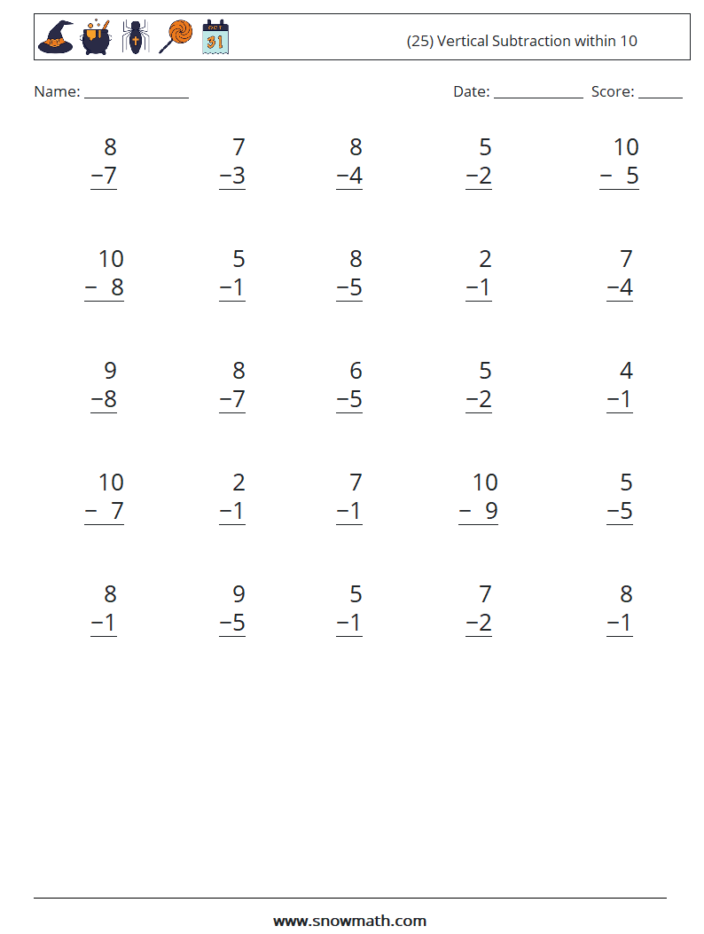 (25) Vertical Subtraction within 10 Maths Worksheets 6