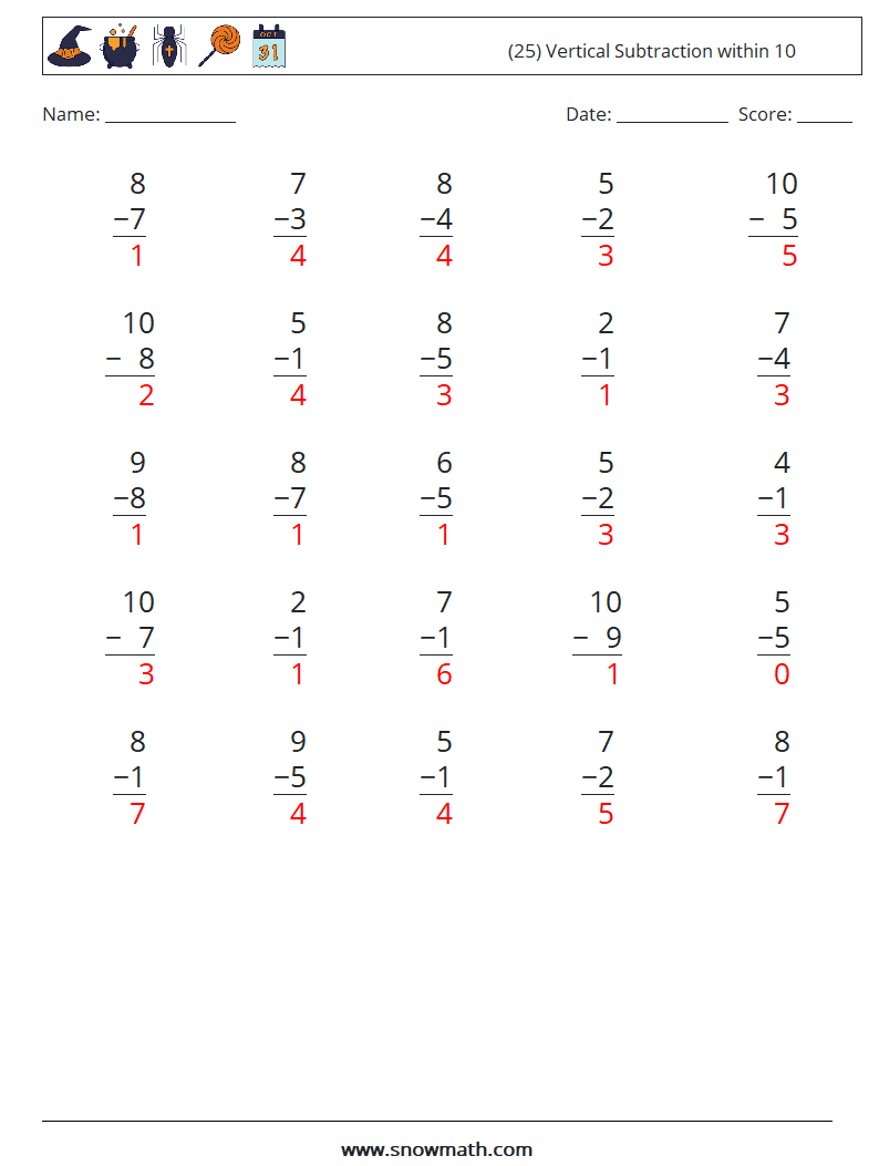 (25) Vertical Subtraction within 10 Maths Worksheets 6 Question, Answer