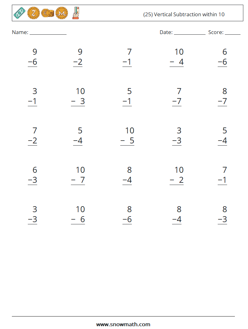 (25) Vertical Subtraction within 10 Maths Worksheets 7