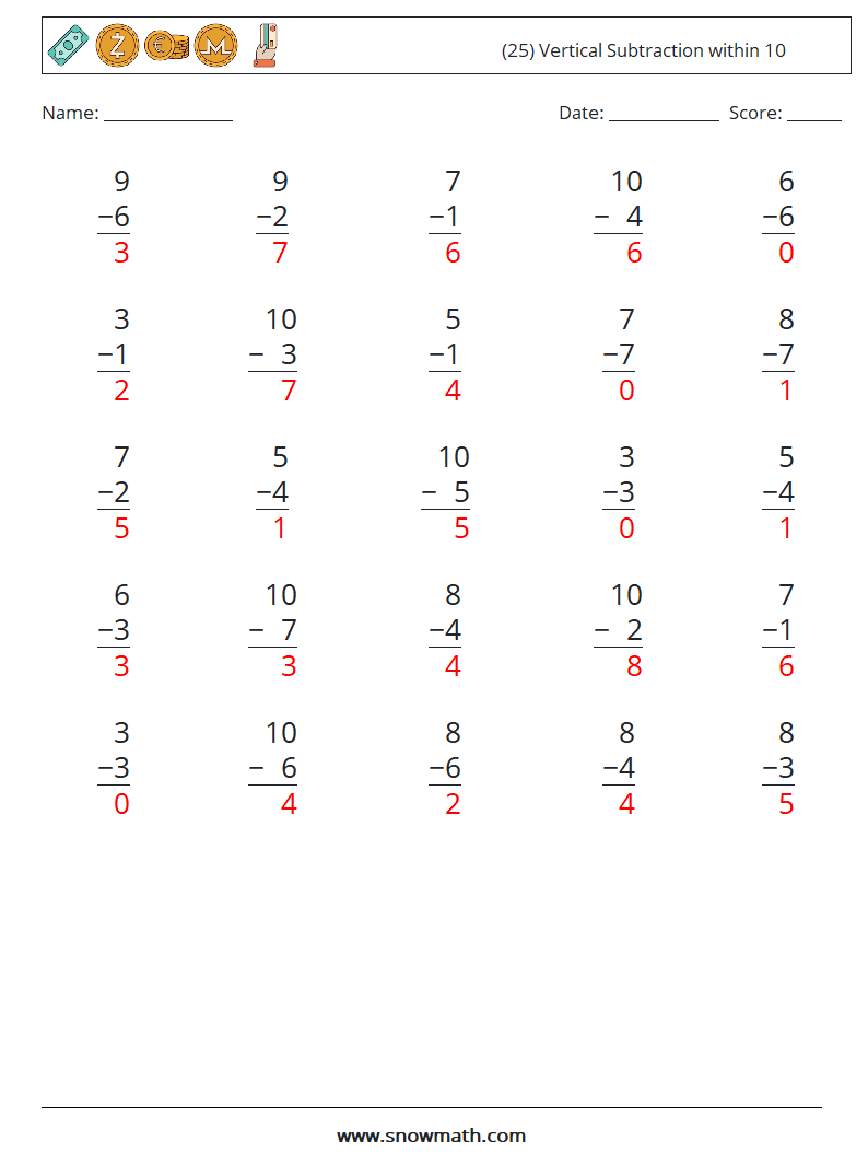 (25) Vertical Subtraction within 10 Maths Worksheets 7 Question, Answer