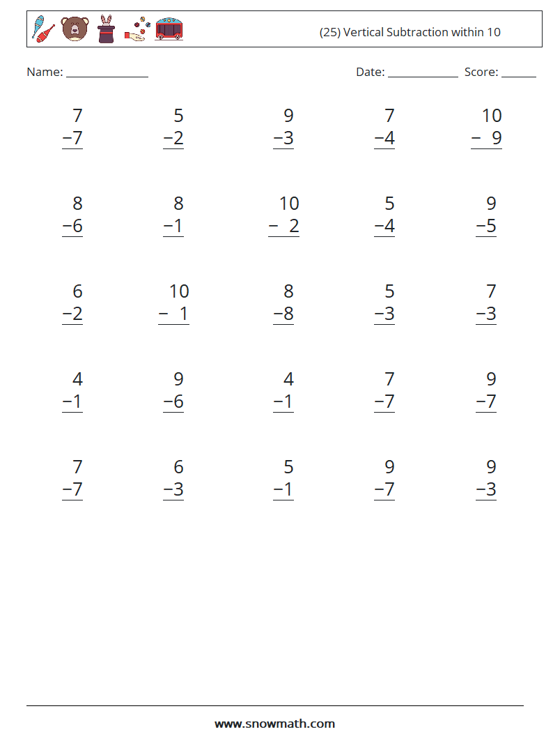 (25) Vertical Subtraction within 10 Maths Worksheets 8