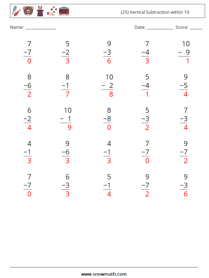 (25) Vertical Subtraction within 10 Maths Worksheets 8 Question, Answer