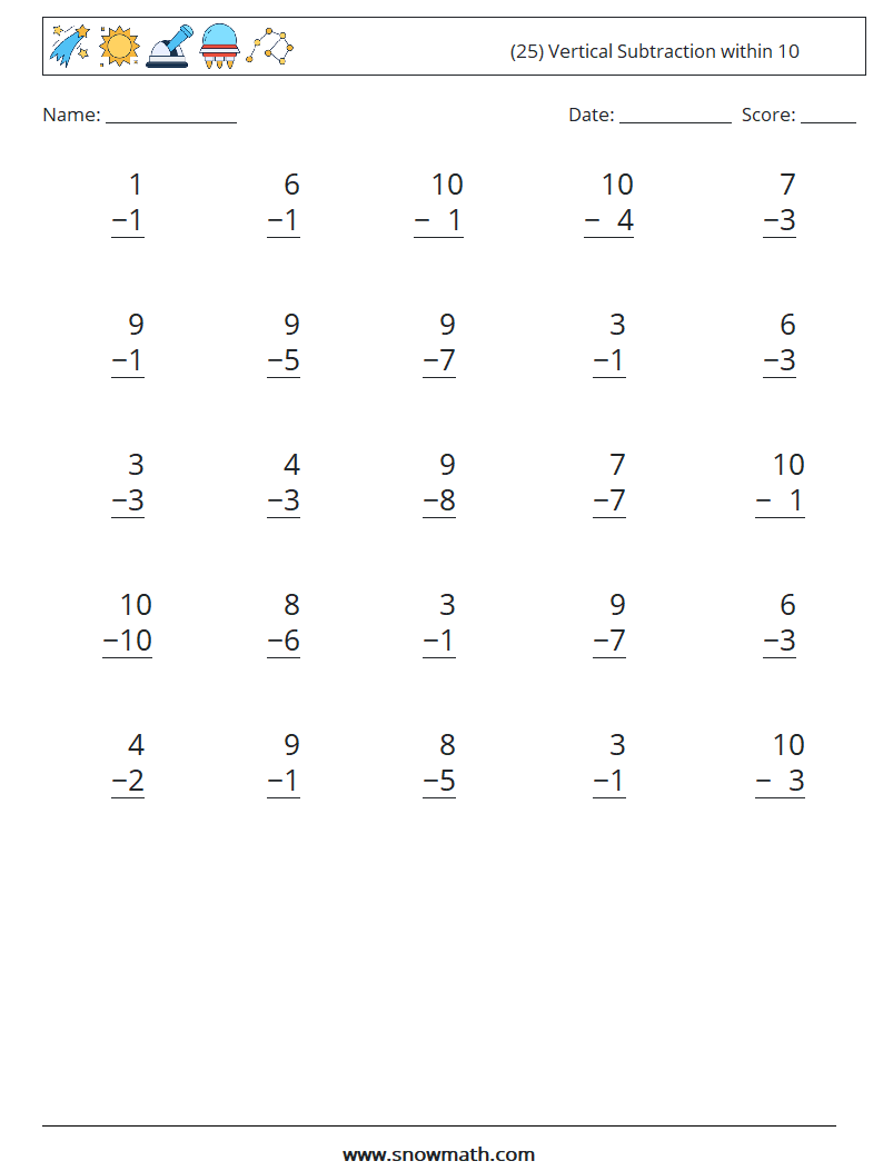 (25) Vertical Subtraction within 10 Maths Worksheets 9