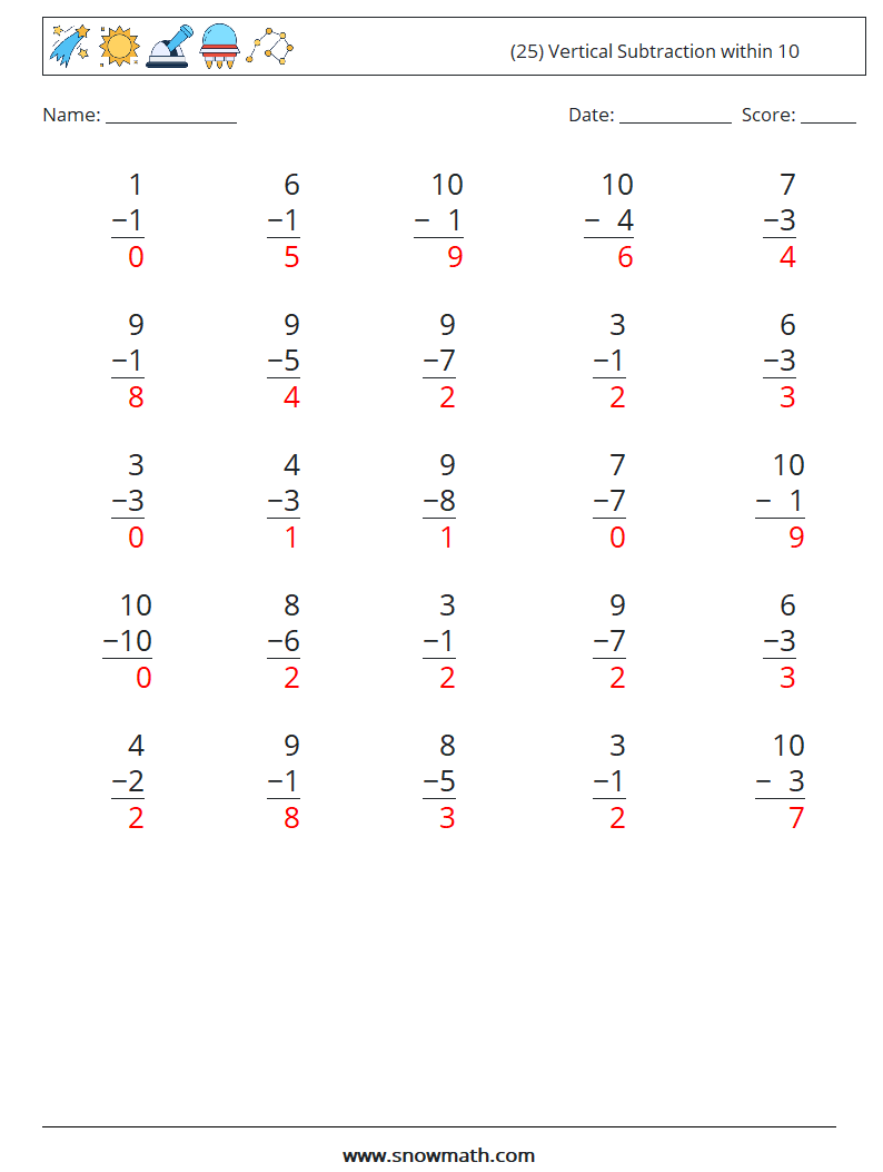 (25) Vertical Subtraction within 10 Maths Worksheets 9 Question, Answer