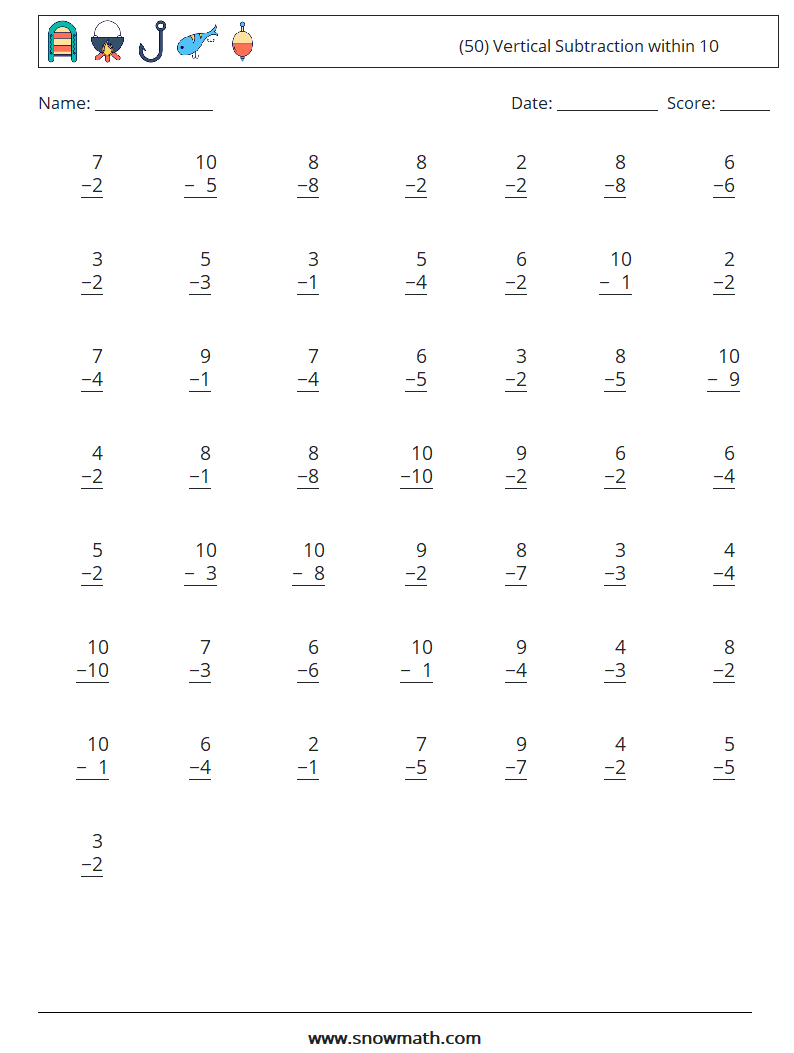 (50) Vertical Subtraction within 10 Maths Worksheets 2