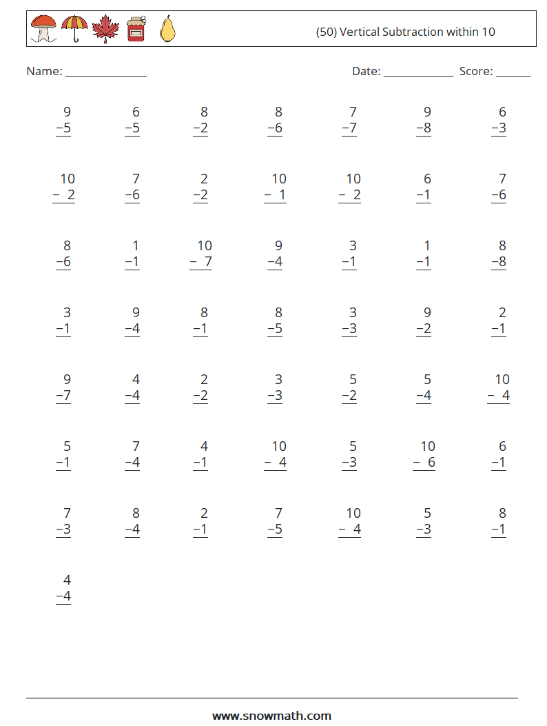 (50) Vertical Subtraction within 10 Maths Worksheets 5