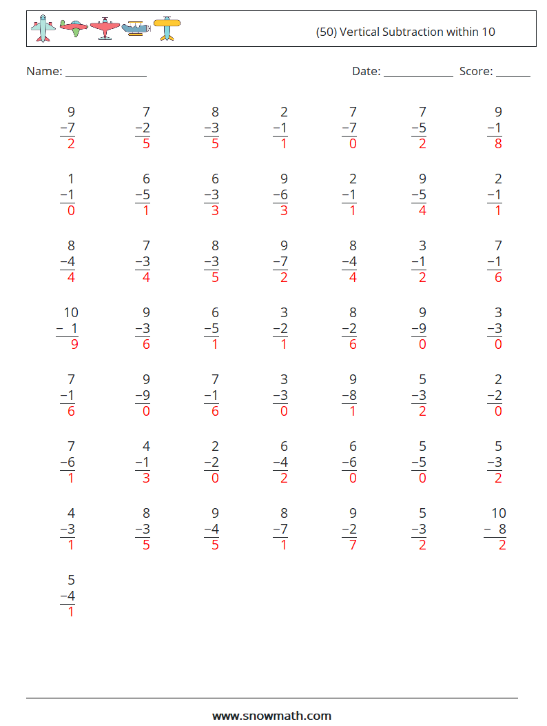 (50) Vertical Subtraction within 10 Maths Worksheets 6 Question, Answer