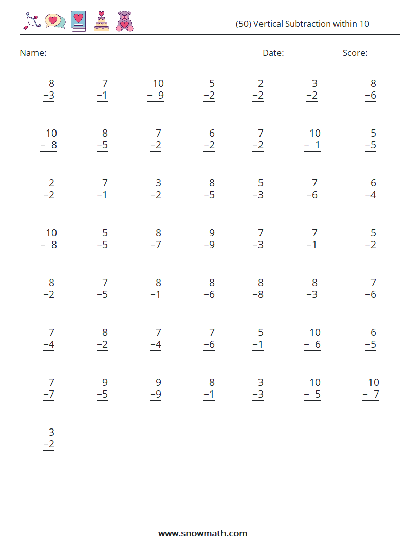 (50) Vertical Subtraction within 10 Maths Worksheets 7