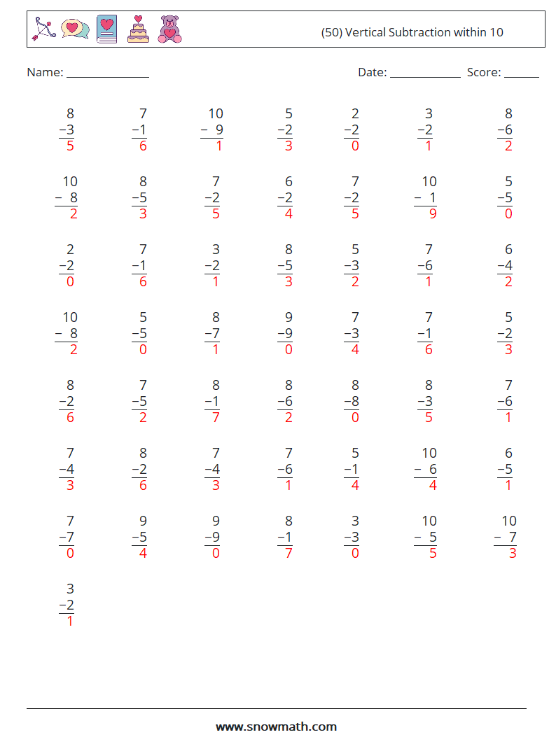 (50) Vertical Subtraction within 10 Maths Worksheets 7 Question, Answer