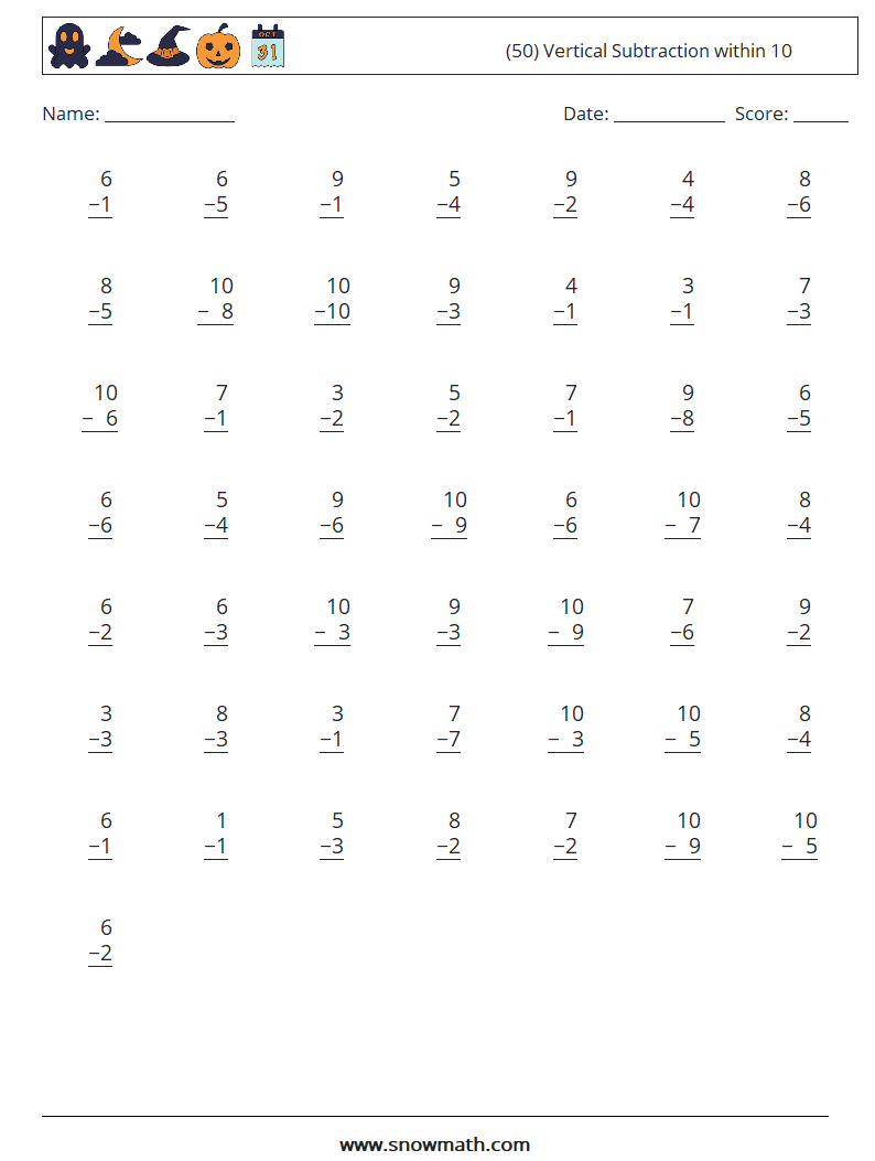 (50) Vertical Subtraction within 10 Maths Worksheets 9