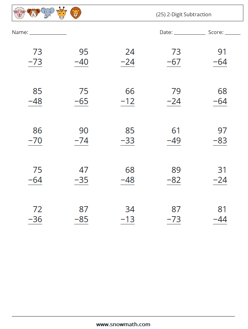 (25) 2-Digit Subtraction Maths Worksheets 1