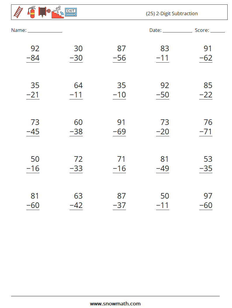 (25) 2-Digit Subtraction Maths Worksheets 10