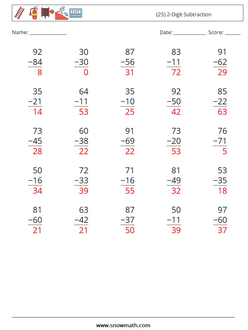 (25) 2-Digit Subtraction Maths Worksheets 10 Question, Answer