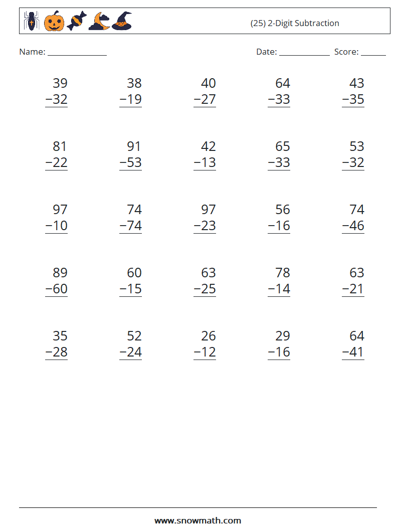 (25) 2-Digit Subtraction Maths Worksheets 11