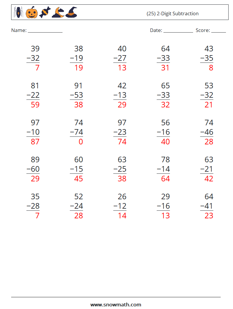 (25) 2-Digit Subtraction Maths Worksheets 11 Question, Answer