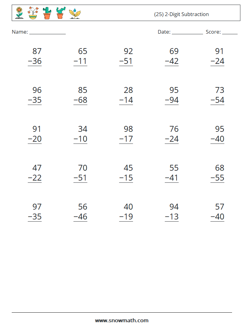 (25) 2-Digit Subtraction Maths Worksheets 12