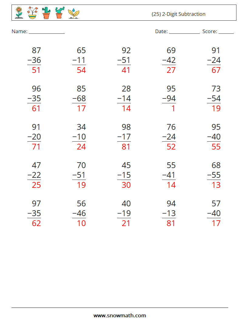 (25) 2-Digit Subtraction Maths Worksheets 12 Question, Answer