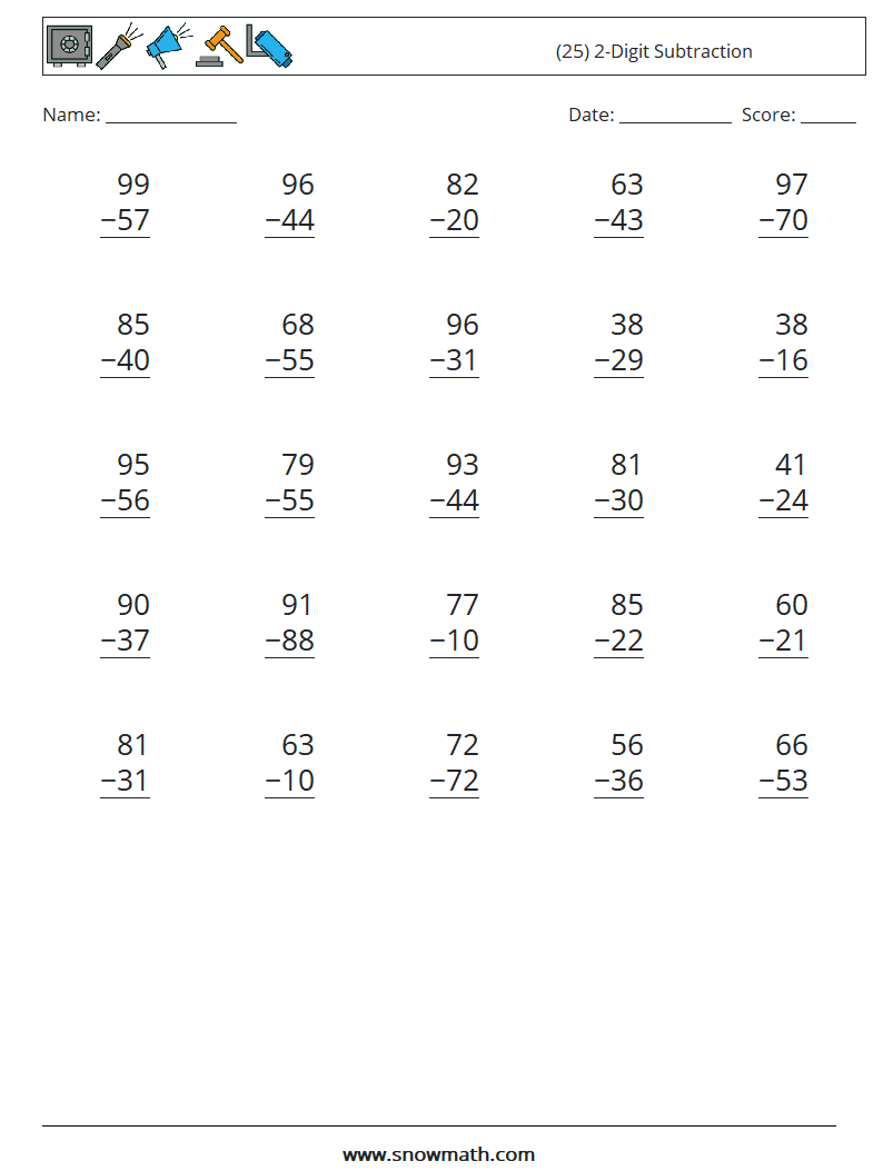 (25) 2-Digit Subtraction Maths Worksheets 13