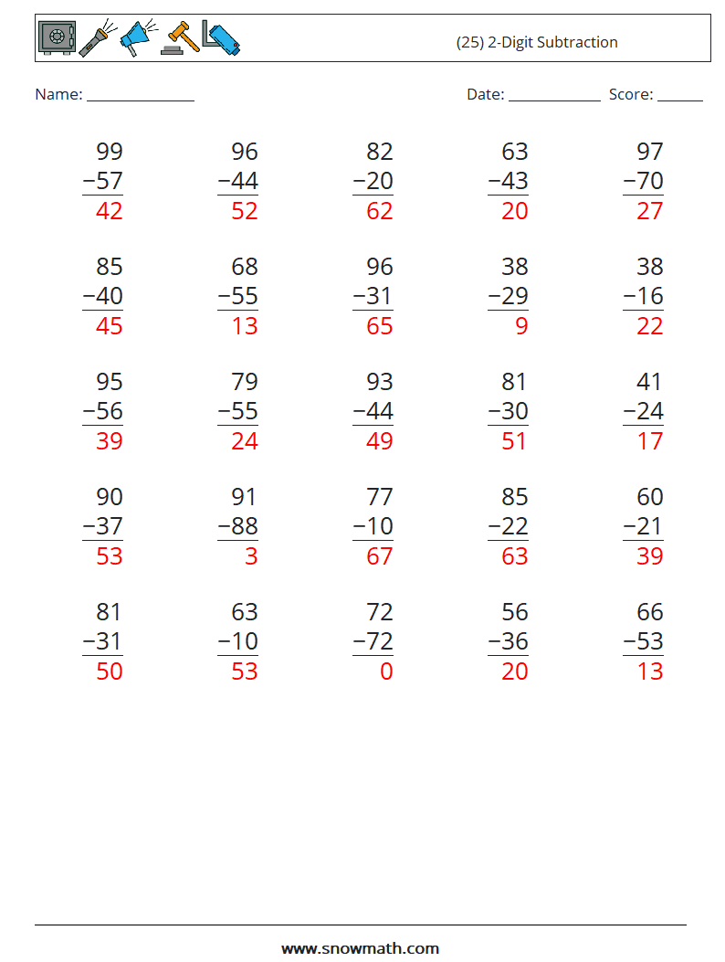 (25) 2-Digit Subtraction Maths Worksheets 13 Question, Answer